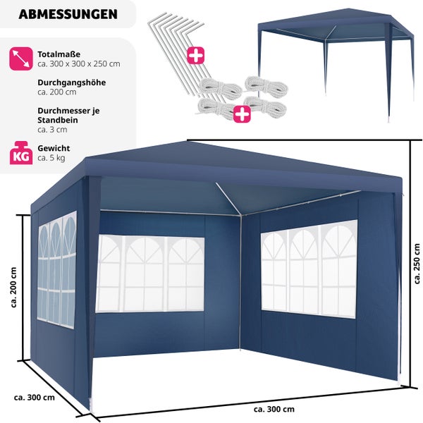 Pavillon tectake Baraban inklusive Spannseile und Heringe 3 x 3 m blau