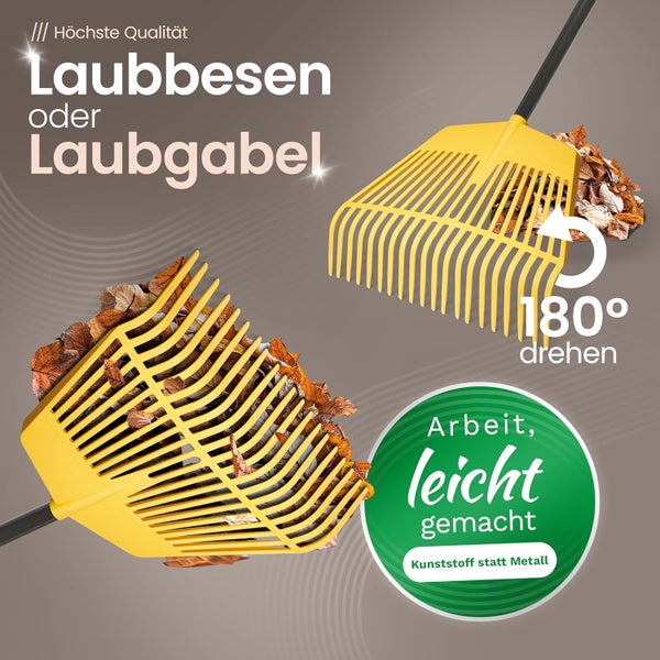 Kombinierter Laubbesen und Laubgabel aus Kunststoff, einfache Arbeit durch 180 Grad Drehung zum Kehren oder Aufheben von Laub.
