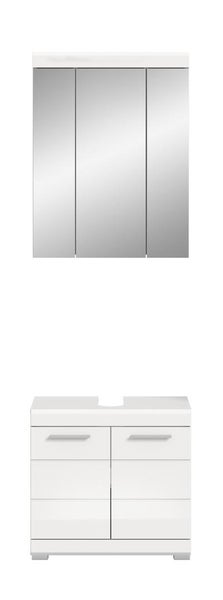 Weißes Badmöbel-Set bestehend aus einem dreitürigen Spiegelschrank und einem Waschbeckenunterschrank mit zwei Schubladen.