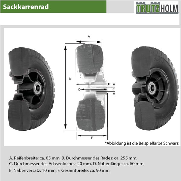 Trutzholm Sackkarrenrad mit Maßzeichnung und technischen Daten wie Radbreite, Durchmesser und Achsenloch.