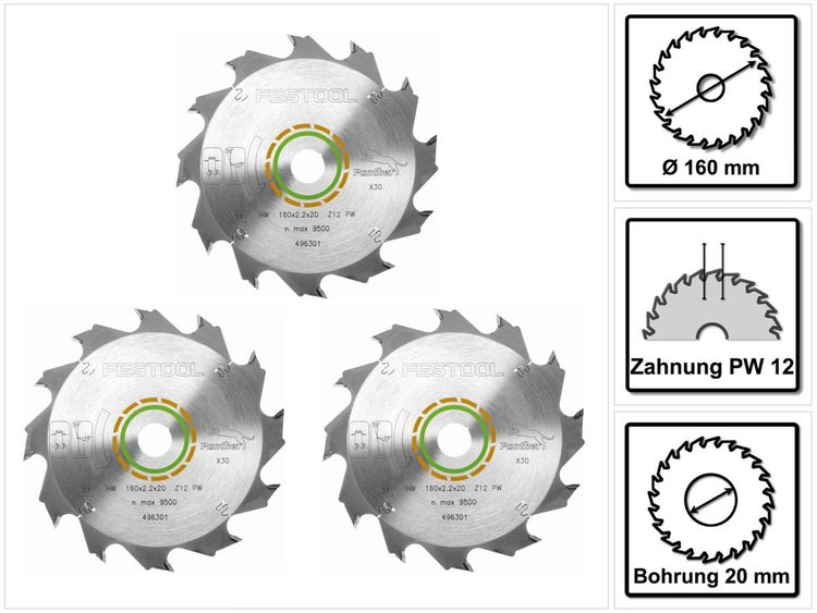 Festool 3x Panther Kreissägeblatt HW 160 x 2,2 x 20 mm PW12 160 mm 12 Zähne ( 3x 496301 )