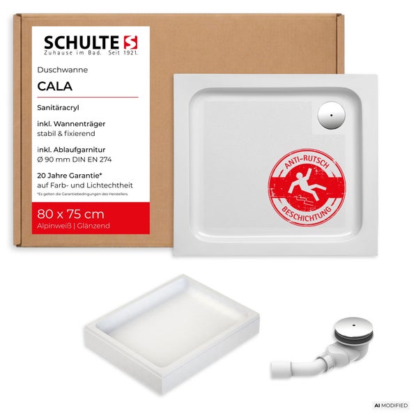 Schulte Duschwanne Cala aus Sanitäracryl 80 x 75 cm mit Wannenträger und Ablaufgarnitur sowie Antirutschbeschichtung.