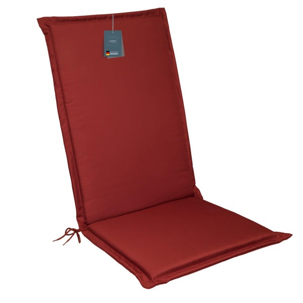 Rote Gartenstuhl-Auflage für Hochlehner mit Bindebändern.