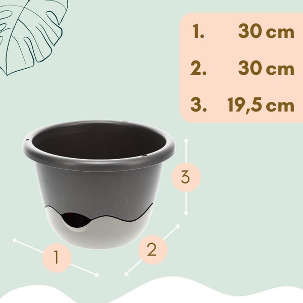Blumentopf mit den Maßen: Durchmesser oben 30 cm, Durchmesser unten 30 cm, Höhe 19,5 cm