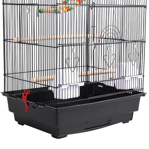 Vogelkäfig mit Sitzstangen, Futterbehältern und Spielzeug