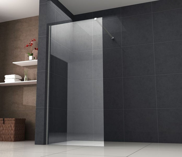 Duschabtrennung aus Glas in einem Badezimmer mit grauen und braunen Fliesen