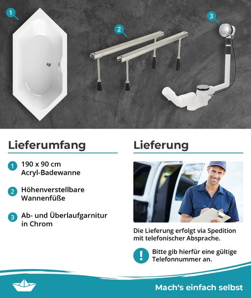 Sechseckige Acryl-Badewanne 190 mal 90 Zentimeter inklusive höhenverstellbaren Füßen und verchromter Ablaufgarnitur mit Hinweisen zur Speditionslieferung.