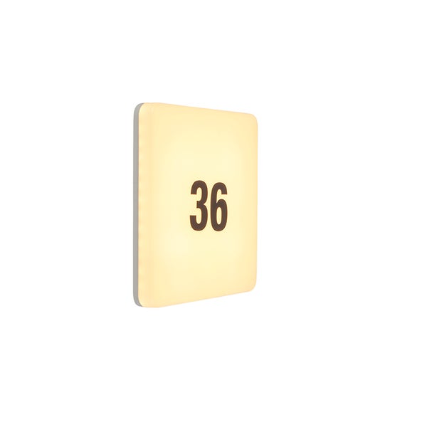 Quadratische, beleuchtete LED-Hausnummernleuchte mit der Nummer 36.