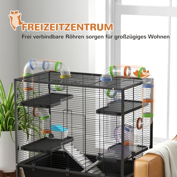 PawHut Hamsterkäfig Nagerkäfig mit Rädern, Röhren, Ablagefläche, Rampen, Laufrad, Futternapf, Wasserflasche, Kleintierkäfig Meerschweinchen Käfig Mäusekäfig für Rennmäuse, syrische Hamster, Schwarz