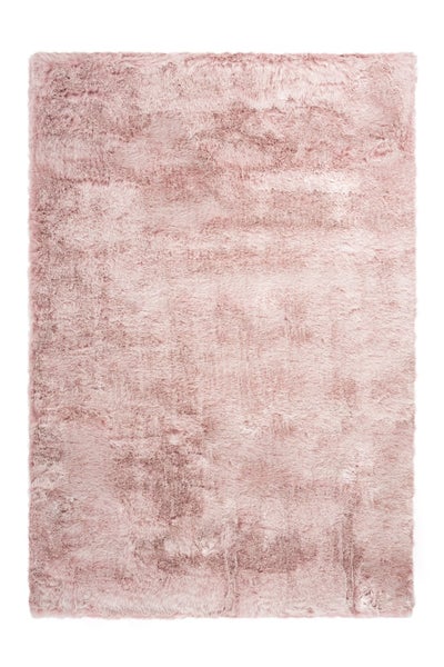 Rechteckiger Hochflor-Teppich aus weichem Kunstfell in Rosa.