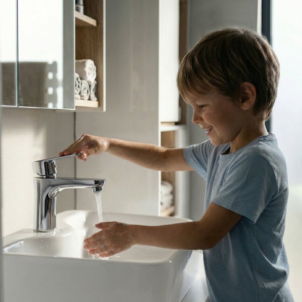 Ein Kind wäscht sich die Hände an einem weißen Keramik-Waschbecken mit einer verchromten Einhebel-Waschtischarmatur in einem hellen Badezimmer.