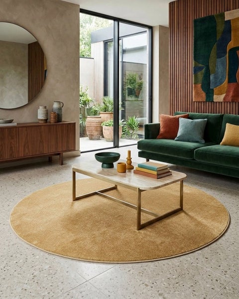 Modernes Wohnzimmer mit rundem senfgelbem Teppich, Marmor-Couchtisch, grünem Samtsofa und Holz-Wandpaneelen. Helles Interieur mit Terrassenblick.