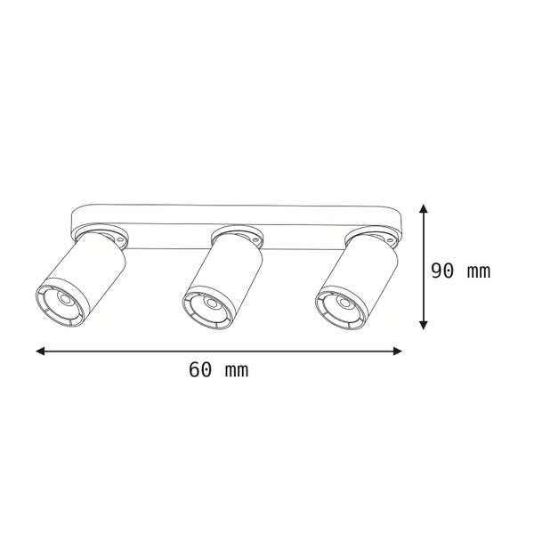 Technische Zeichnung eines Deckenstrahlers mit drei Leuchtenköpfen und Maßangaben in Millimeter.