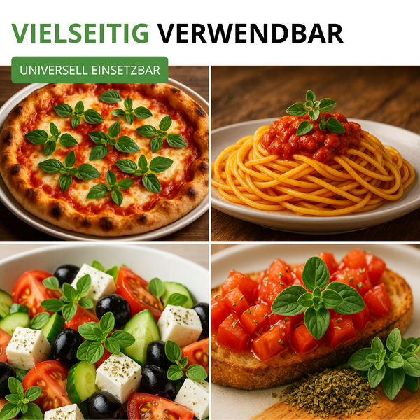 Collage mit Pizza, Pasta, Salat und Bruschetta, garniert mit frischen Kräutern zur Veranschaulichung der vielseitigen Verwendung beim Kochen.
