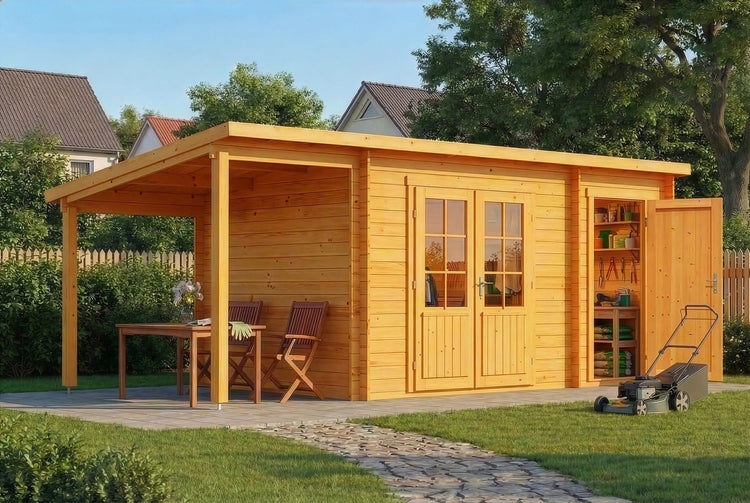 Großes Gartenhaus aus Holz mit überdachter Terrasse, Doppelflügeltür mit Glaseinsätzen und seitlichem Abstellraum in einem Garten.