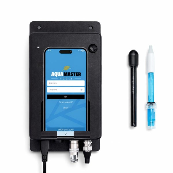 Aqua Master Tools Wassermessgerät mit Smartphone-Halterung und zwei separaten Messsonden zur Wasserqualitätsprüfung.