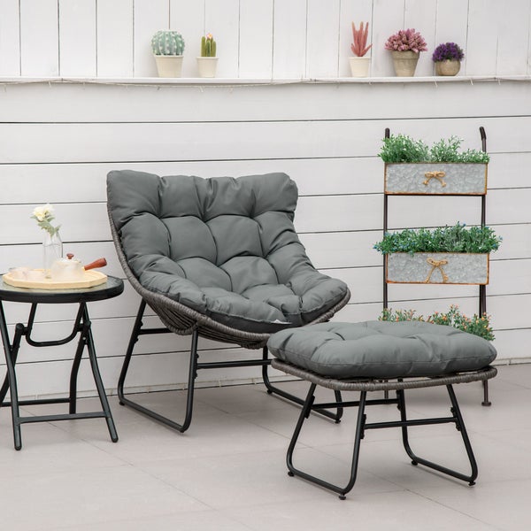 Outsunny Rattan Relaxsessel mit Fußhocker, mit Kissen, 69 x 76 x 70 cm, Stahl Polyester, Grau