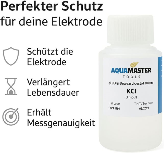 AquaMaster Tools KCl Aufbewahrungslösung 100 Milliliter schützt Elektrode, verlängert Lebensdauer und erhält Messgenauigkeit.