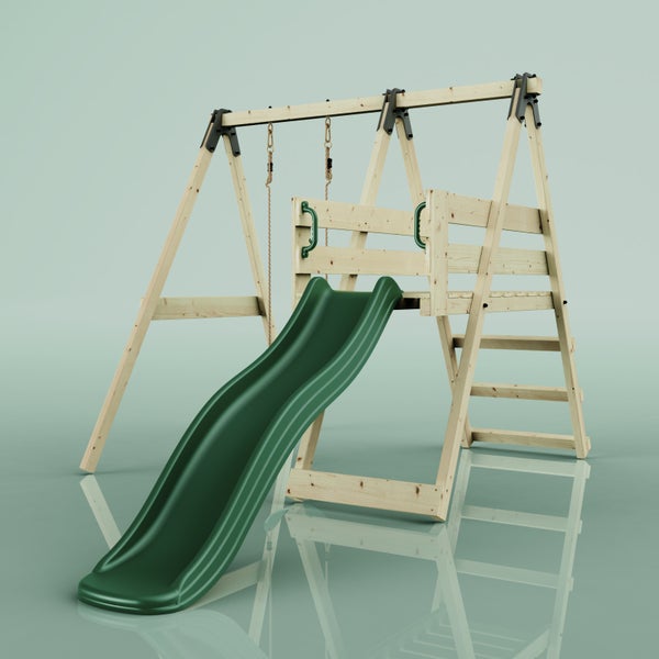 Spielturm aus Holz mit grüner Rutsche, Podest mit Haltegriffen, Leiter und Vorrichtung für eine Schaukel.