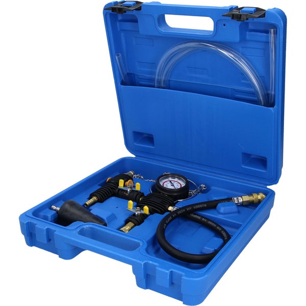 Vakuumtester-Set zur Fahrzeugwartung, 4-teilig, mit Manometer, Schläuchen und Adapter in blauem Koffer.