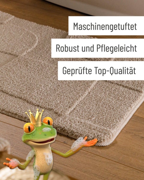 Beige rechteckige Badematte mit strukturiertem geometrischem Muster aus Bögen und Quadraten, weicher Flor mit Hoch-Tief-Struktur.