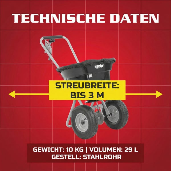 Technische Daten eines Düngerstreuwagens von Hecht: Streubreite bis zu drei Meter, Gewicht zehn Kilogramm, Volumen 29 Liter, Gestell aus Stahlrohr