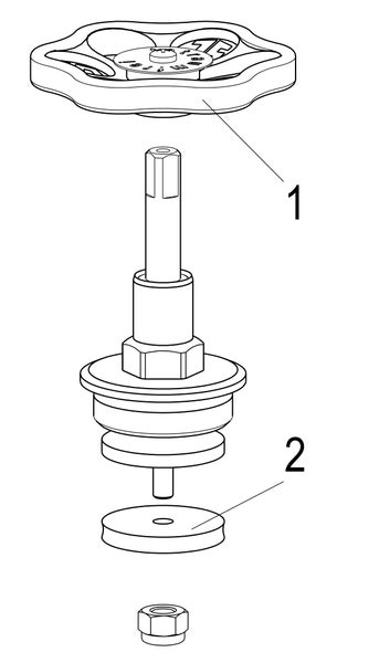 Explosionszeichnung eines Ventils mit Handrad (1) und Dichtung (2).