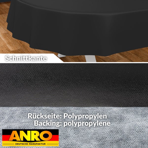 Schwarze Rundtischdecke mit Schnittkante und Rückseite aus Polypropylen. ANRO Logo.