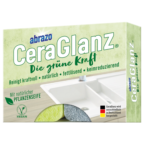 abrazo CeraGlanz Reinigungsschwamm mit Pflanzenseife für Kochfelder und Spülen, vegan, hergestellt in Deutschland.