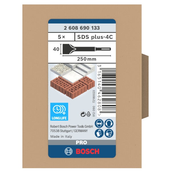 Verpackung eines Bosch SDS plus-4C Meißels, 5 Stück, 250 mm lang