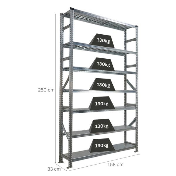 Stahlregal mit sechs Böden und einer Traglast von 130 kg pro Boden