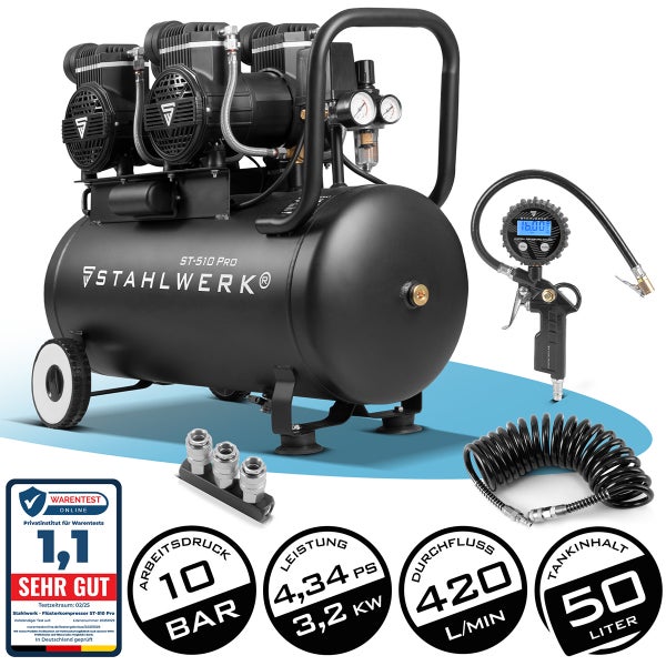 Stahlwerk ST-510 PRO Flüsterkompressor mit Zubehör: Druckluftgerät, Druckluftpistole, Schlauch und Stecker