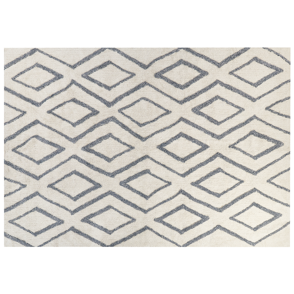 Rechteckiger Teppich mit geometrischem Rautenmuster in Beige und Grau.