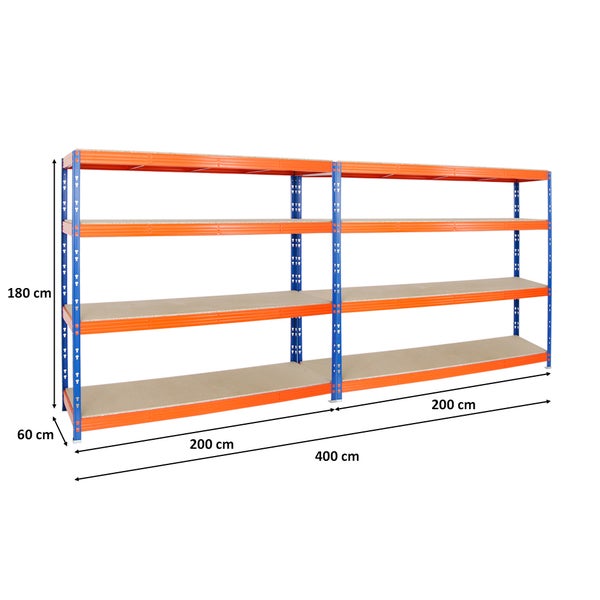PROREGAL Mega Deal 2x Profi Schwerlastregal Rhino HxBxT 180 x 200 x 60 cm 4 Spanplatten-Ebenen 16mm Fachlast 500 kg Blau-Orange