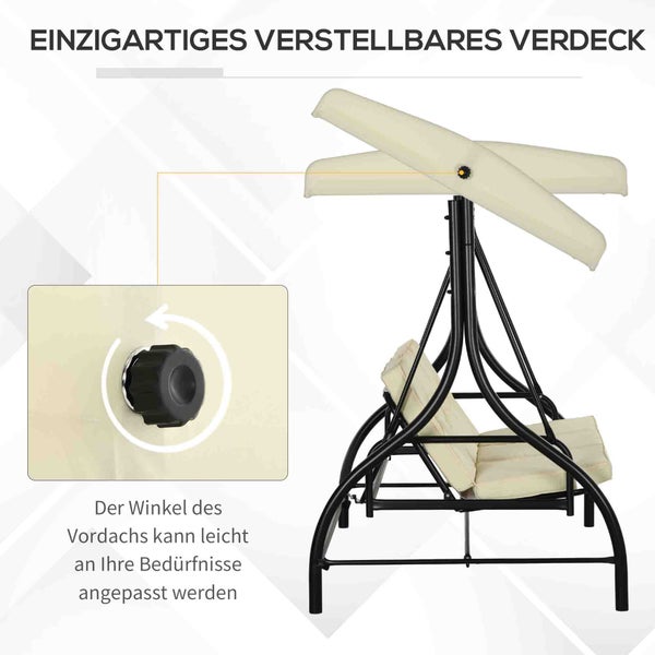 Outsunny 2 in 1 Hollywoodschaukel mit Liegefunktion 3-Sitzer Gartenschaukel mit verstellbarem Sonnendach, Schaukelbank belast bis 240kg, Gartenliege für Garten, Terrasse, 195x117x175 cm, Beige