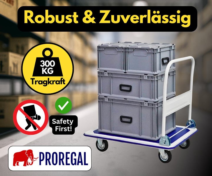 PROREGAL Faltbarer Transportwagen RHINO HxBxT 87 x 90 x 60 cm Tragkraft 300 kg TPE-Bereifung Rad-Ø 12,7 cm Blau-Grau