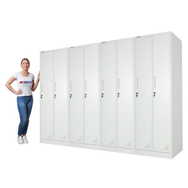 Proregal Metall Garderobenschrank mit acht Türen und Zylinderschloss, neben einer Person zum Größenvergleich.