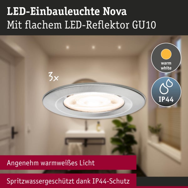 Set aus drei LED-Einbauleuchten Nova mit flachem GU10 Reflektor, warmweißem Licht und IP44 Spritzwasserschutz.