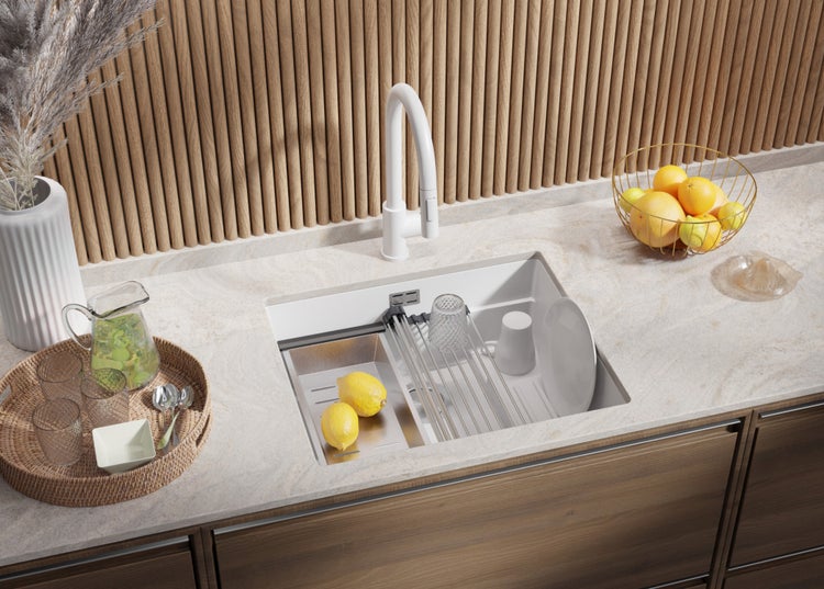PRIMAGRAN Unterbauspüle Granit Weiß 56x47cm, Spülbecken 1 Becken + Ablauf-Set + Aufrollbare Abtropffläche, Granitspüle ab 60er Unterschrank - Praga