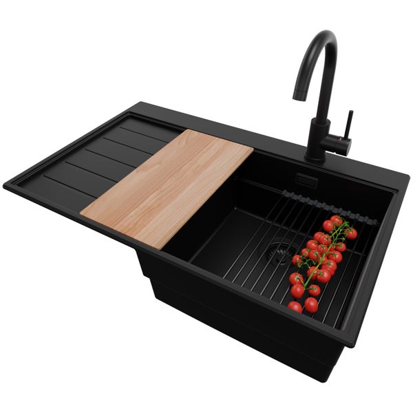 PRIMAGRAN Granitspüle Alles Schwarz 78x50cm, Spülbecken 1 Becken + Küchenarmatur 32x20cm + Ablauf-Set + Küchenzubehörset, Küchenspüle ab 45er Unterschrank - Sydney