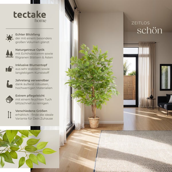 Künstlicher Ficusbaum tectake Fida stabiler Kunststoff-Blumentopf verschiedene Größen grün