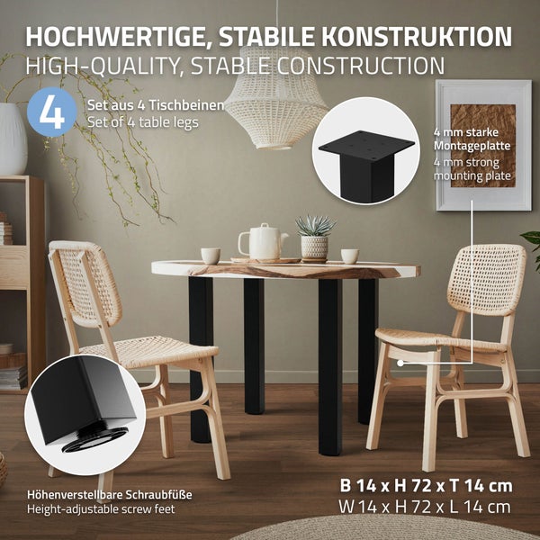 ML-Design 4er Set Tischbeine I-Design 72 cm, Schwarz glänzend, aus pulverbeschichtetem Stahl, eckig, Profil 8x8 cm, Höhenverstellbare Möbelfüße 1-4cm, Möbelbeine für Esstisch Schreibtisch Arbeitstisch