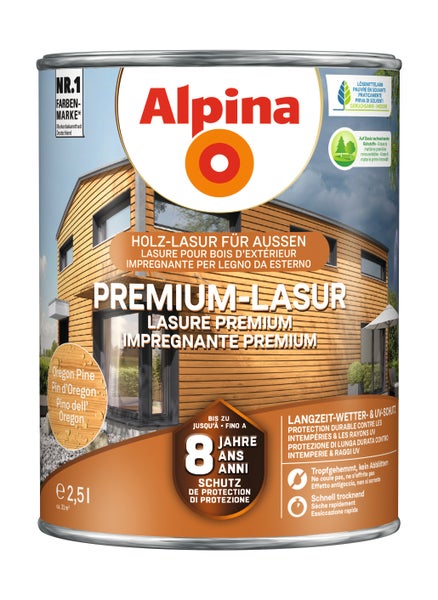 Alpina Premium-Lasur für Holz im Außenbereich, Farbton Oregon Pine, 2,5 Liter Dose, bietet bis zu 8 Jahre Wetterschutz.