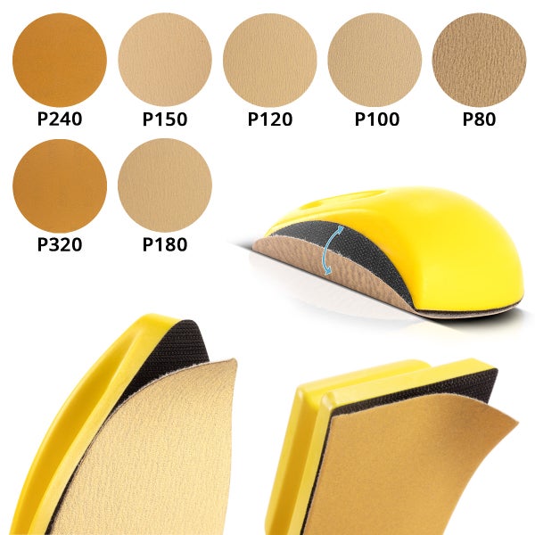 Handschleifer Set mit Schleifklötzen und runden sowie rechteckigen Schleifpapieren in den Körnungen P80 bis P320.