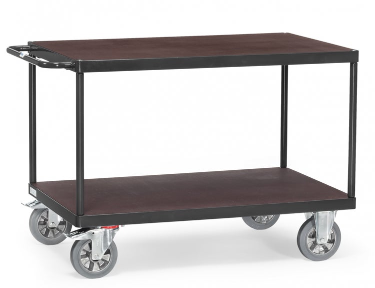 Transportwagen mit zwei Ablageflächen und vier Rädern.