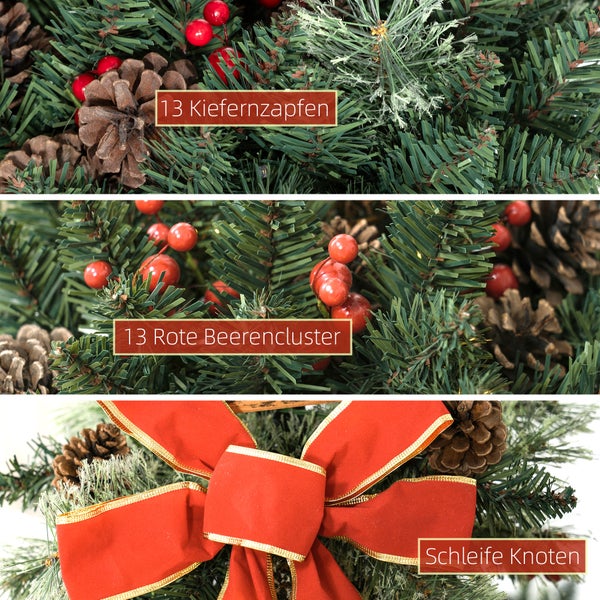 Outsunny 150 cm Weihnachtslaterne Weihnachtsbeleuchtung mit LED-Lichterkette Tannenzapfen Beeren Schleife für Weihnachtsfest Metall Grün