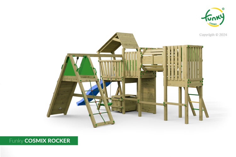 Spielturm Funky COSMIX ROCKER aus Holz mit Rutsche, Schaukel, Kletterwand und Tunnel für den Garten.