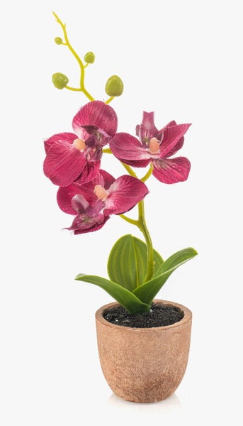 Künstlicher Orchideenzweig mit grünen Knospen und einem Teil einer magentafarbenen Blüte.