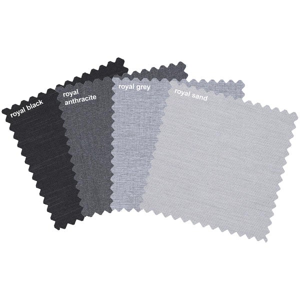 Stoffmuster-Set mit Textilstruktur in den Farben Royal Black, Royal Anthracite, Royal Grey und Royal Sand mit Zickzack-Rand.