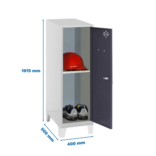 Metallschrank mit Fachboden, Schuhen und Helm